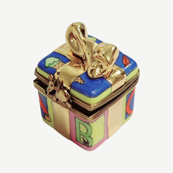 Baby Block Gold Ribbon Present Gift Porcelain Limoges Trinket Box