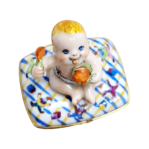 Baby Eating on Pillow Porcelain Limoges Trinket Box