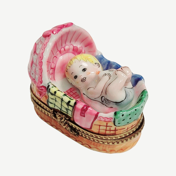 Baby In Basket Sleeping Porcelain Limoges Trinket Box