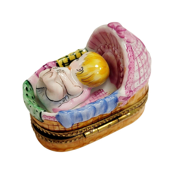 Baby In Basket Sleeping Porcelain Limoges Trinket Box