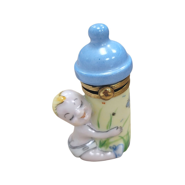 Baby w Blue Bottle Porcelain Limoges Trinket Box