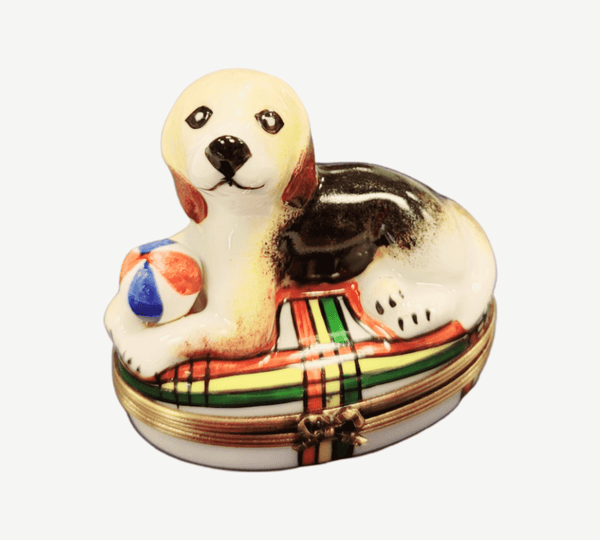 Beagle Dog w Ball Porcelain Limoges Trinket Box