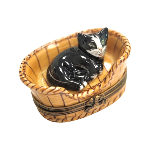 Black Cat in Basket Porcelain Limoges Trinket Box