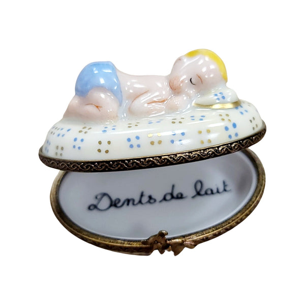 Blue Baby Sleeping Porcelain Limoges Trinket Box