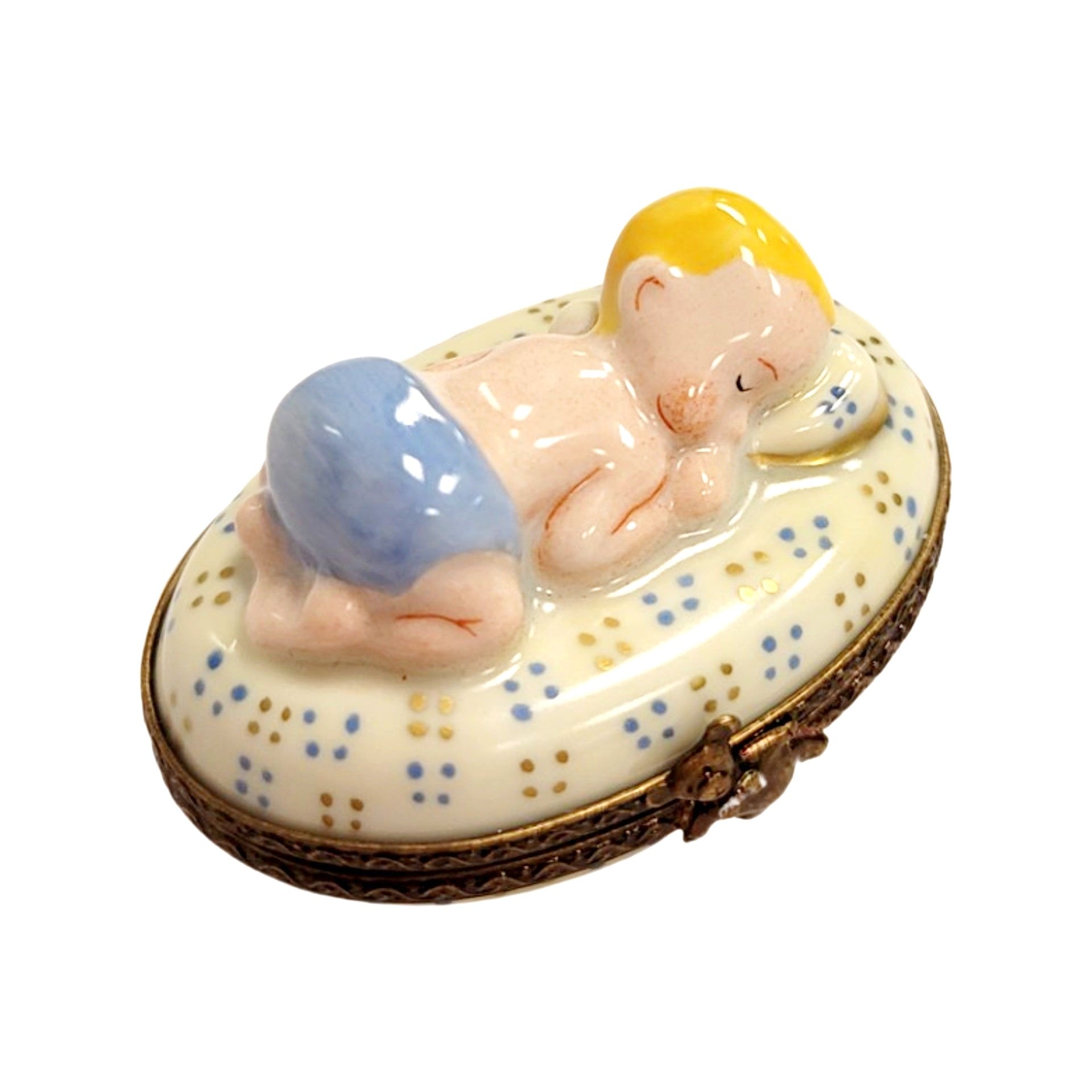 Blue Baby Sleeping Porcelain Limoges Trinket Box