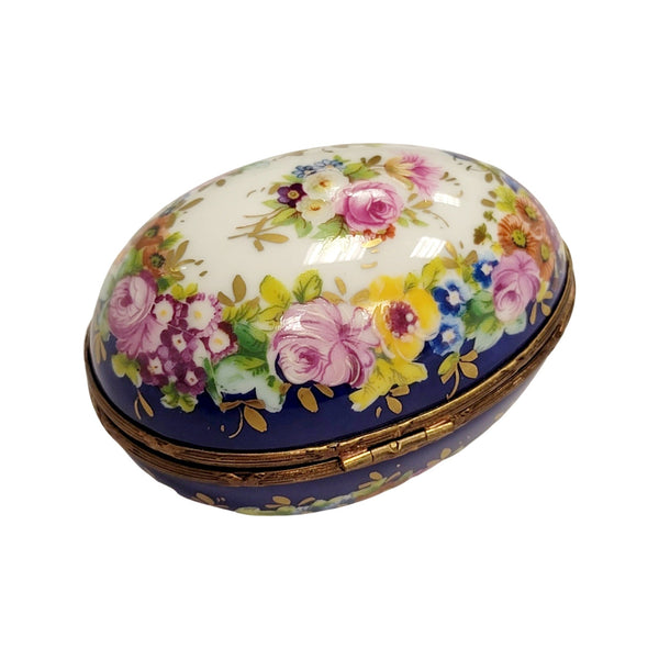 Blue Egg w Flowers Porcelain Limoges Trinket Box