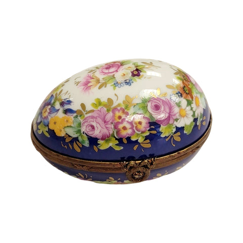 Blue Egg w Flowers Porcelain Limoges Trinket Box