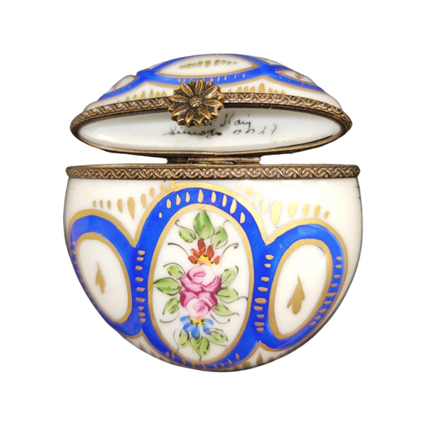 Blue Flat Round Pill Porcelain Limoges Trinket Box