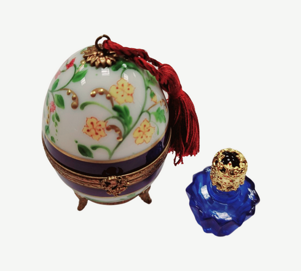 Blue Flowers Egg w Perfume Porcelain Limoges Trinket Box