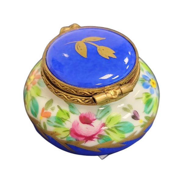 Blue Flowers Round Pill Porcelain Limoges Trinket Box