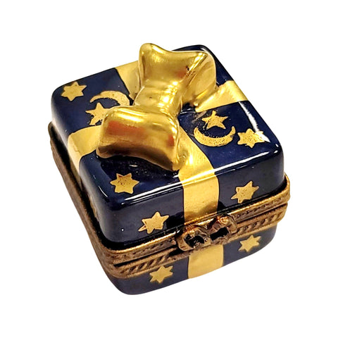 Blue Mini Moon Stars Present Gift Gold Bow Porcelain Limoges Trinket Box