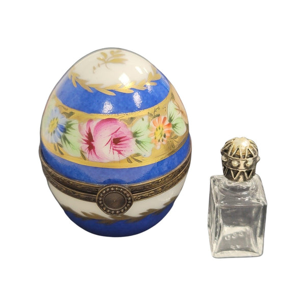 Blue Perfume Egg w Flowers Porcelain Limoges Trinket Box