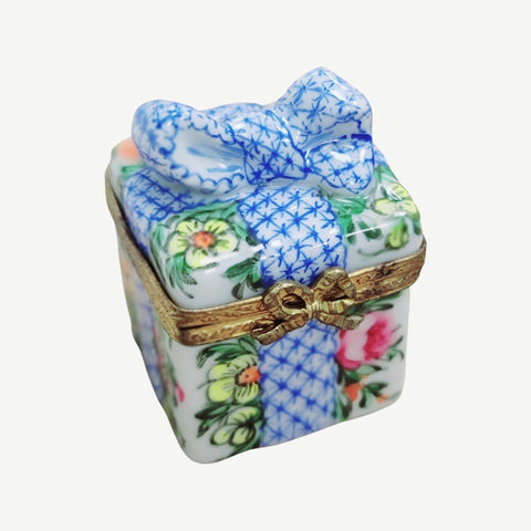 Blue Plaid Ribbon Present Gift Porcelain Limoges Trinket Box