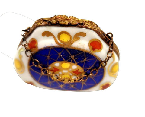 Blue Purse Yellow Red Dots One of a Kind Hand Painted Porcelain Limoges Trinket Box