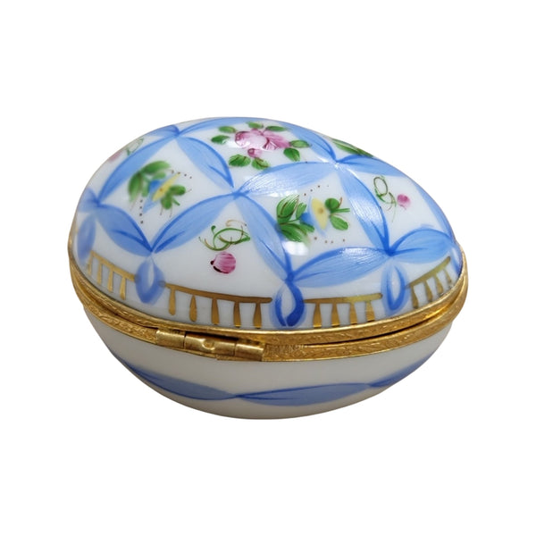 Blue Ribbon Egg Porcelain Limoges Trinket Box