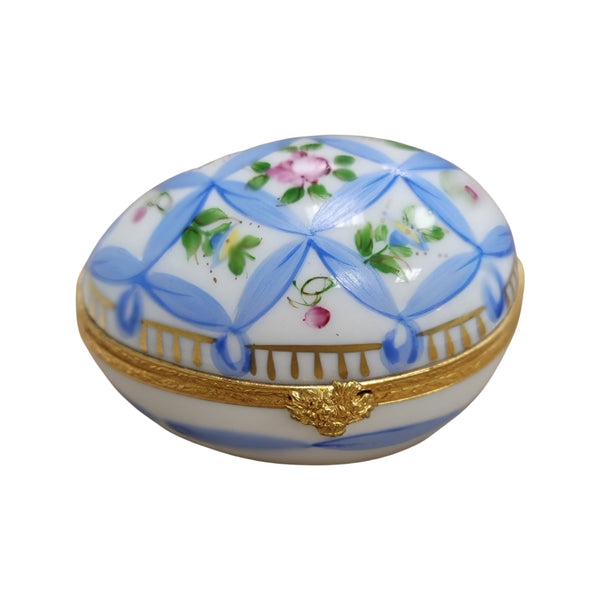 Blue Ribbon Egg Porcelain Limoges Trinket Box