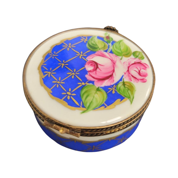 Blue Roses Round Pill Porcelain Limoges Trinket Box