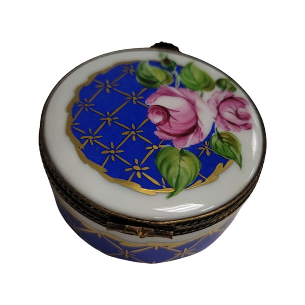 Blue Roses Round Pill Porcelain Limoges Trinket Box