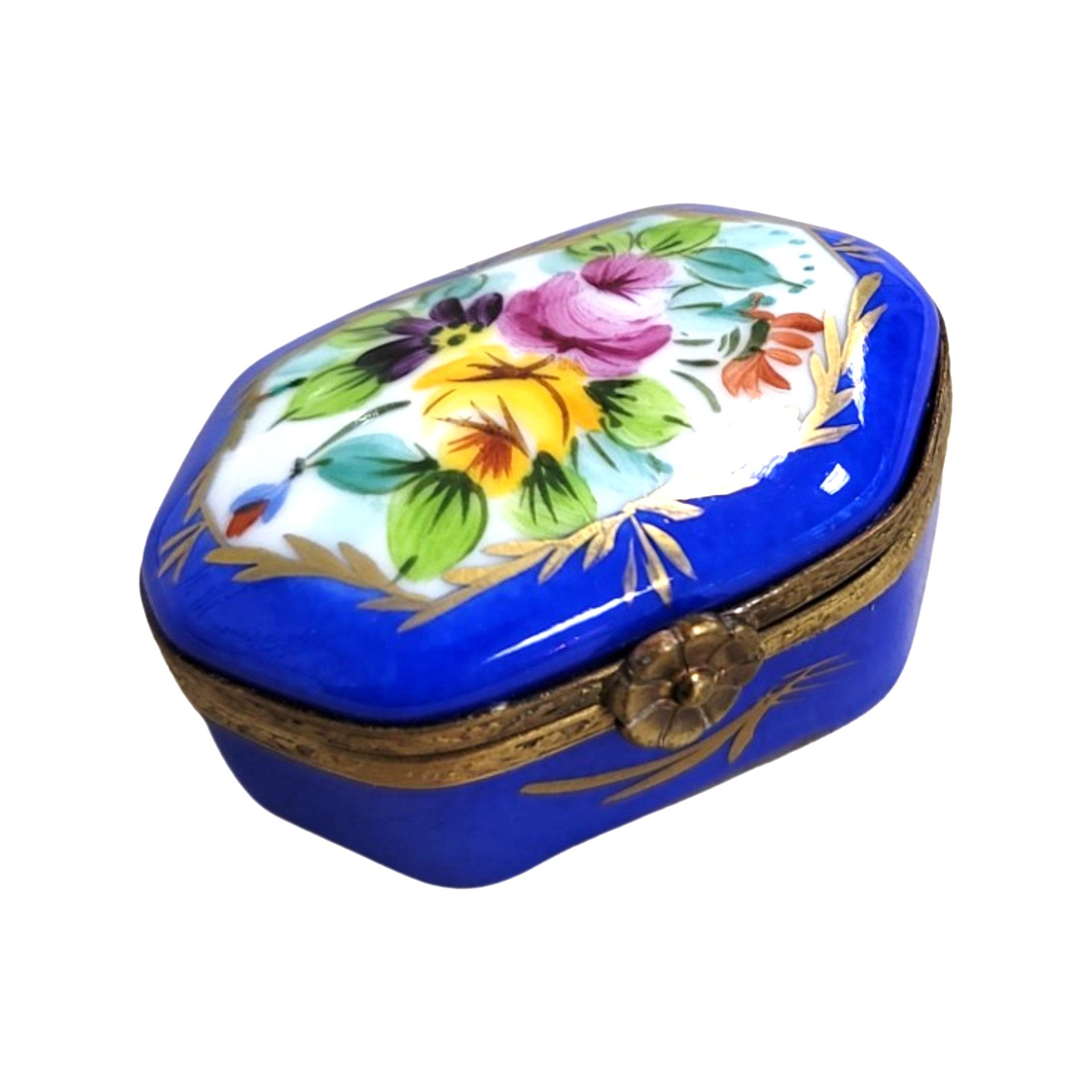 Blue Semi Oval Pill Porcelain Limoges Trinket Box