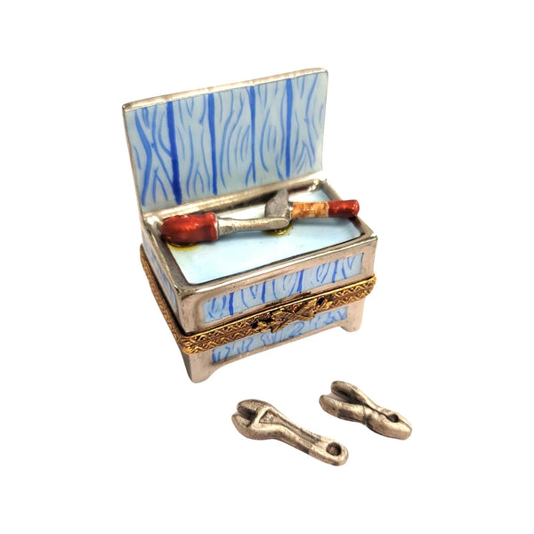 Blue Work Bench Tool and Tools Porcelain Limoges Trinket Box