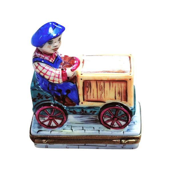Boy Kid on Cart Bike Porcelain Limoges Trinket Box