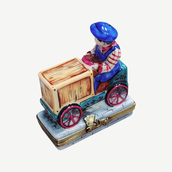 Boy Kid on Cart Bike Porcelain Limoges Trinket Box