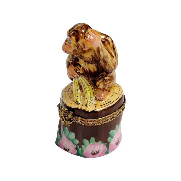 Brown Monkey on Stump Porcelain Limoges Trinket Box