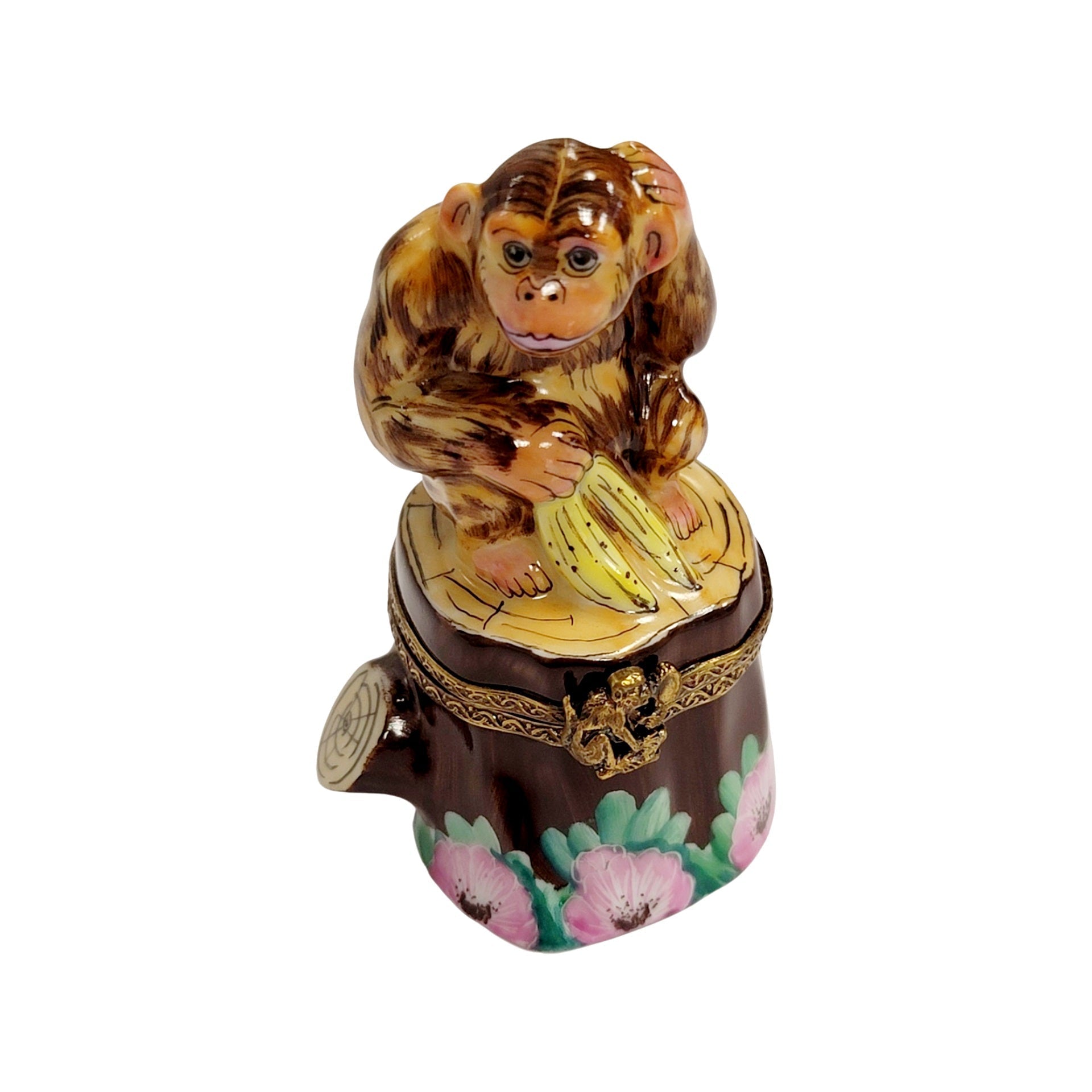 Brown Monkey on Stump Porcelain Limoges Trinket Box