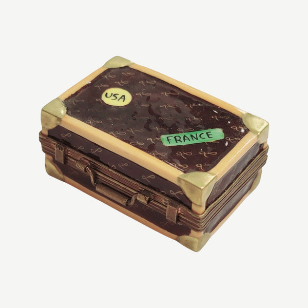 Brown Suitcase Travel Case Porcelain Limoges Trinket Box