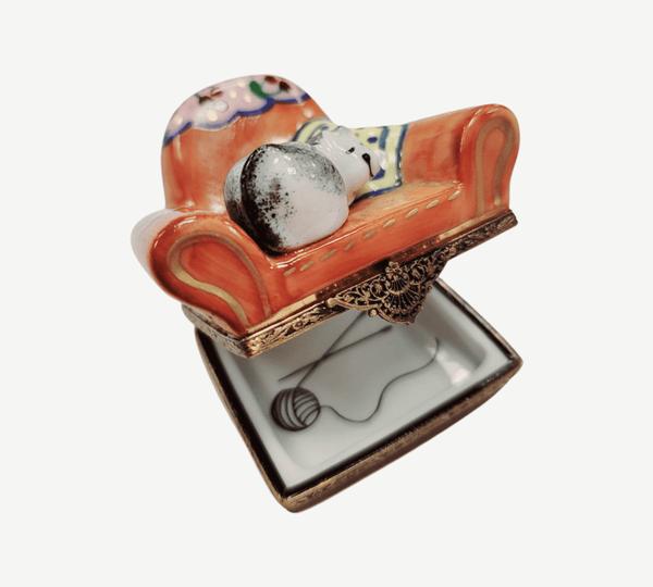 Cat in Arm Chair w Pillow Porcelain Limoges Trinket Box