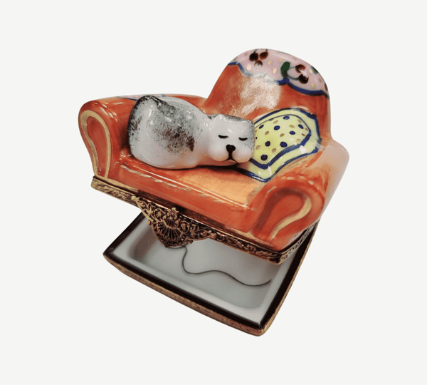 Cat in Arm Chair w Pillow Porcelain Limoges Trinket Box
