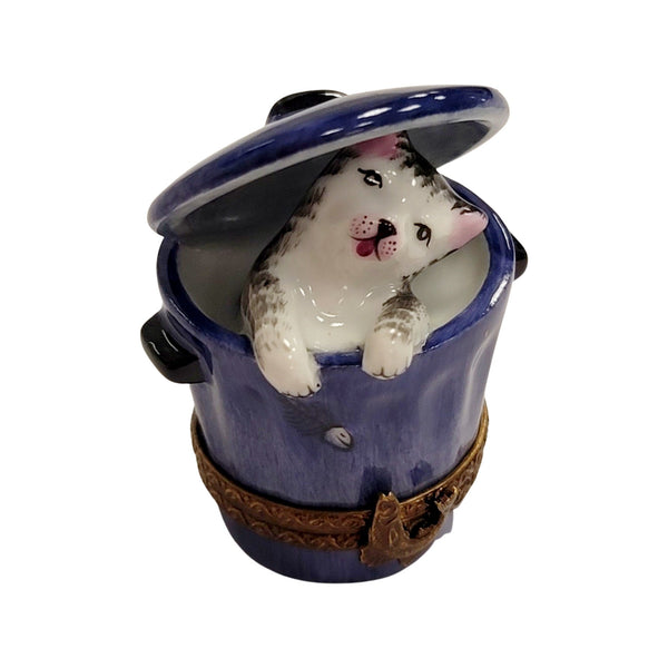 Cat in Blue Trashcan Porcelain Limoges Trinket Box