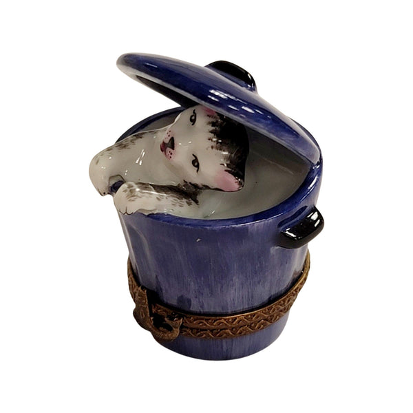 Cat in Blue Trashcan Porcelain Limoges Trinket Box