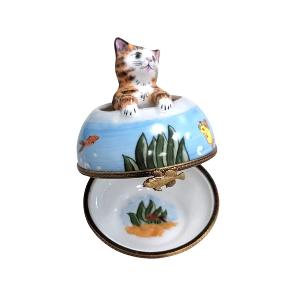 Cat in Gold Fish Bowl Porcelain Limoges Trinket Box