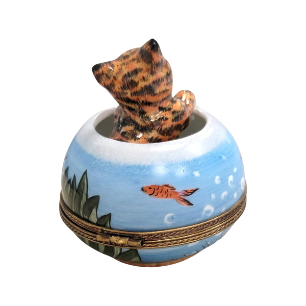 Cat in Gold Fish Bowl Porcelain Limoges Trinket Box