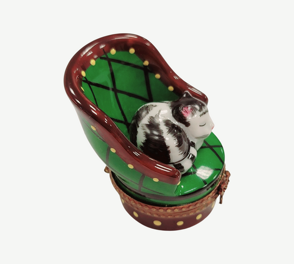 Cat in Green Chair Porcelain Limoges Trinket Box