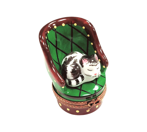 Cat in Green Chair Porcelain Limoges Trinket Box