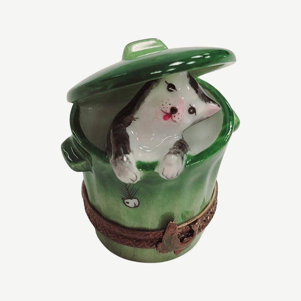 Cat in Green Trashcan Porcelain Limoges Trinket Box
