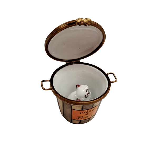 Cat in Trashcan Porcelain Limoges Trinket Box