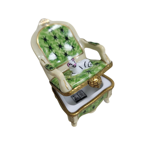 Cat on Green Chair Porcelain Limoges Trinket Box