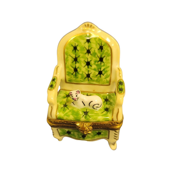 Cat on Green Chair Porcelain Limoges Trinket Box