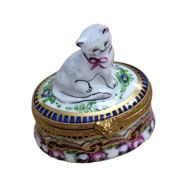 Cat on Sevre Roses Base Porcelain Limoges Trinket Box