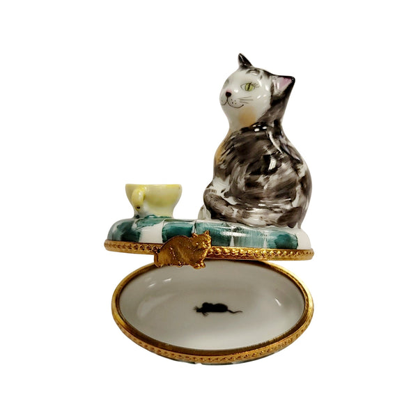 Cat w Yellow Cup Porcelain Limoges Trinket Box