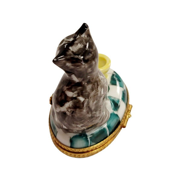 Cat w Yellow Cup Porcelain Limoges Trinket Box