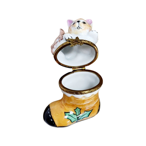 Cats in Stocking Boot Porcelain Limoges Trinket Box