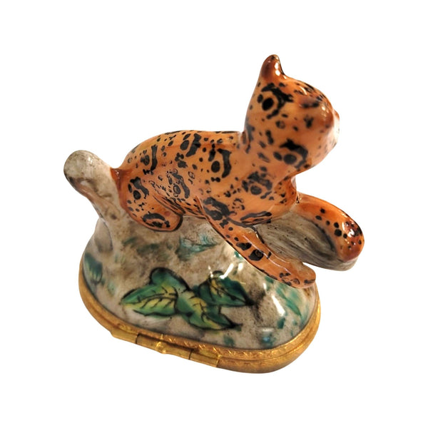 Cheetah on Log Wild Porcelain Limoges Trinket Box