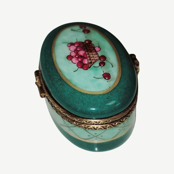 Cherries on Green Oval Pill Porcelain Limoges Trinket Box