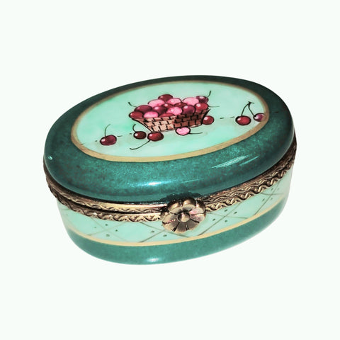 Cherries on Green Oval Pill Porcelain Limoges Trinket Box