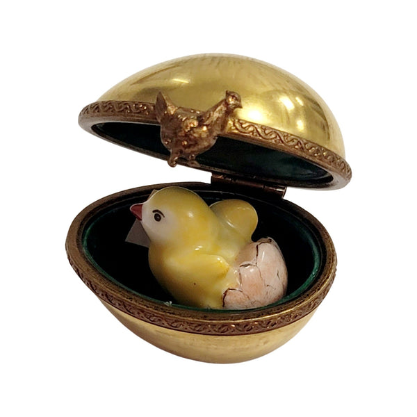 Chick Hatching in Golden Egg Porcelain Limoges Trinket Box