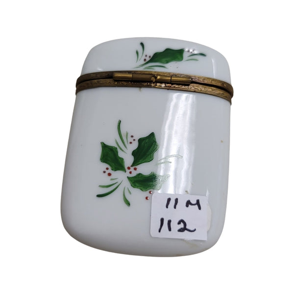 Christmas Holly Tall Oval Pill Porcelain Limoges Trinket Box